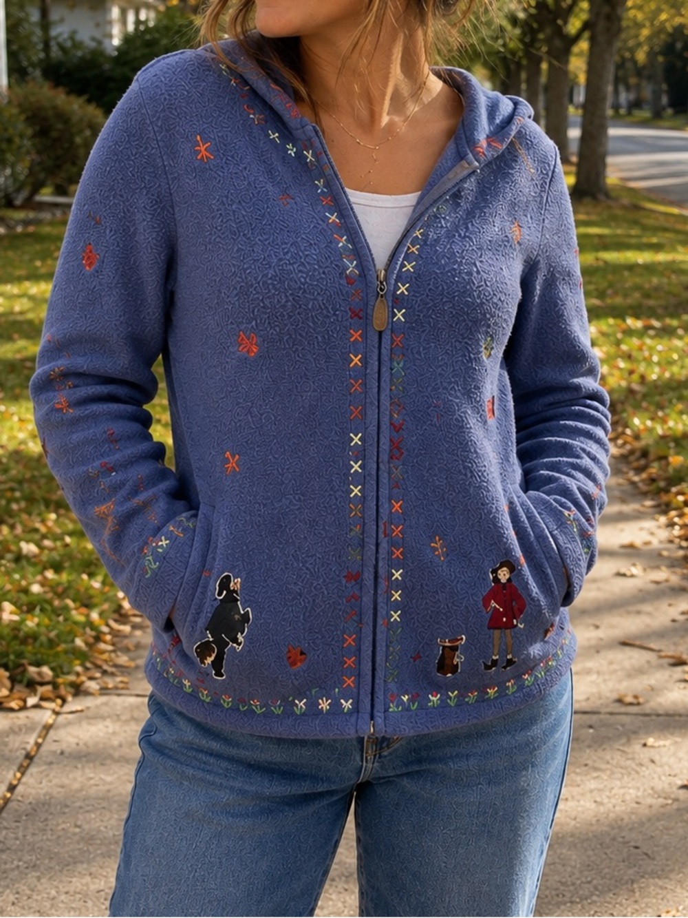Christopher & Banks Sweater Womens Large Hand Embroidered Full Zip fall Themed
